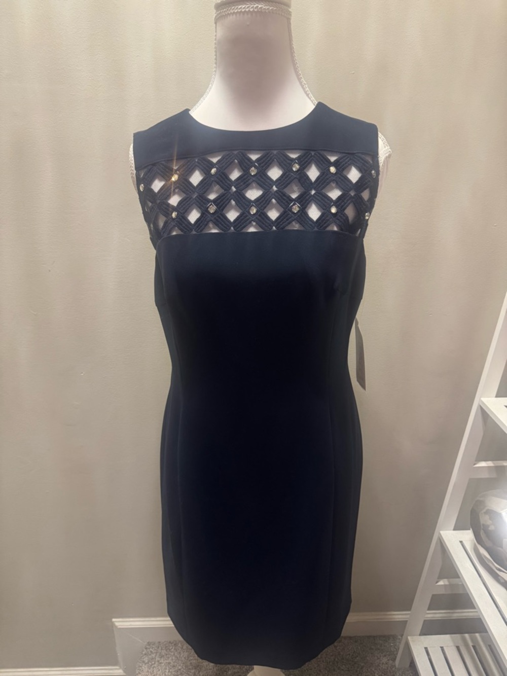 NWT Kasper Navy Blue Sleeveless Sheath Dress Rhinestone Lattice Yoke - Size 4